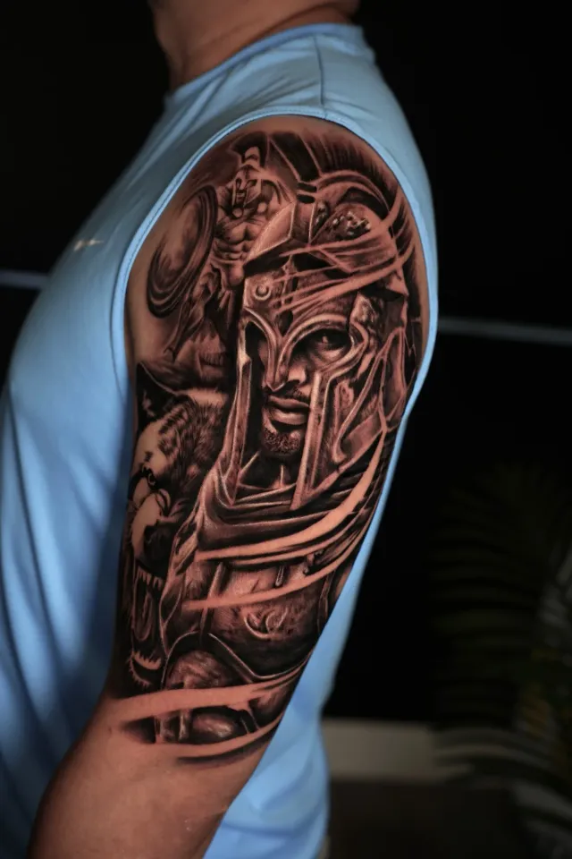 Temple architecture upper arm tattoo