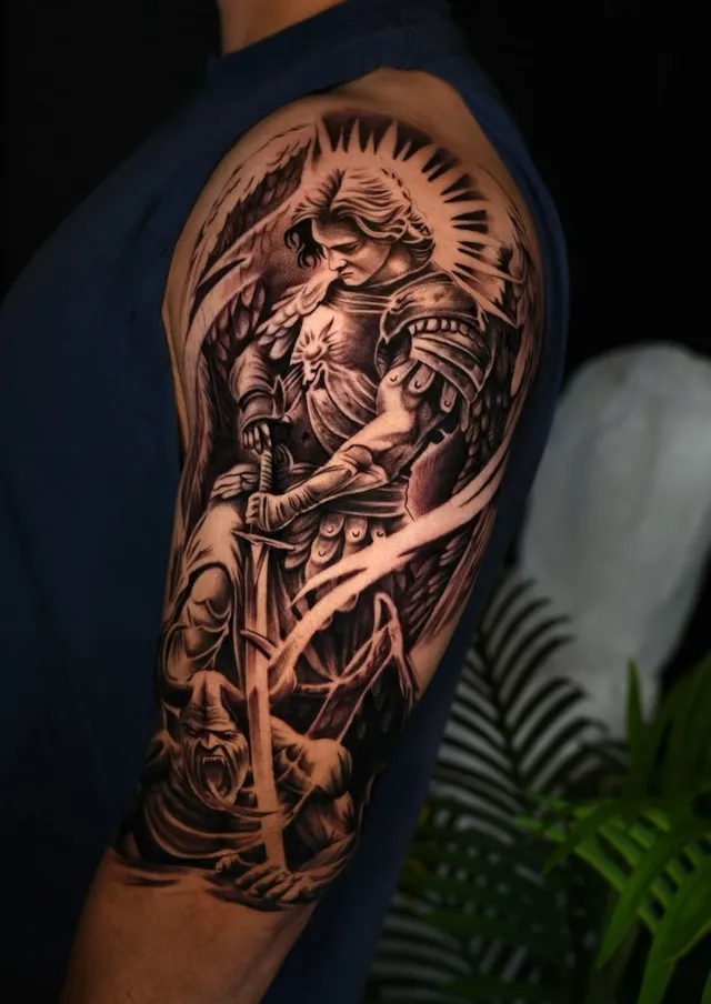 Archangel black and grey realism tattoo