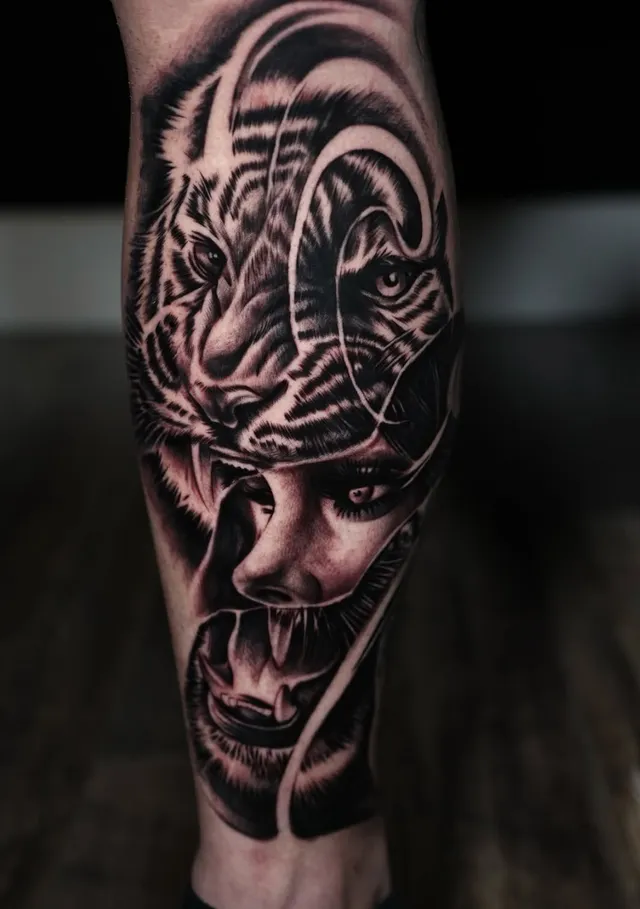 Tiger and portrait realism forearm tattoo