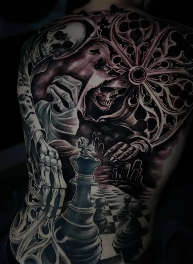 Gothic chess narrative backpiece tattoo