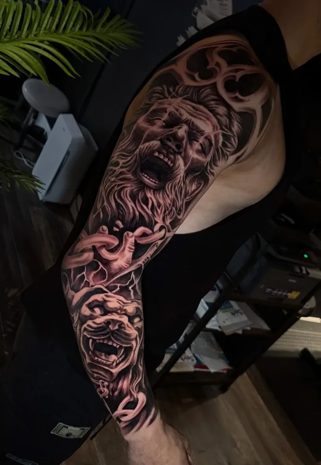 Mythology black and grey realism full sleeve
