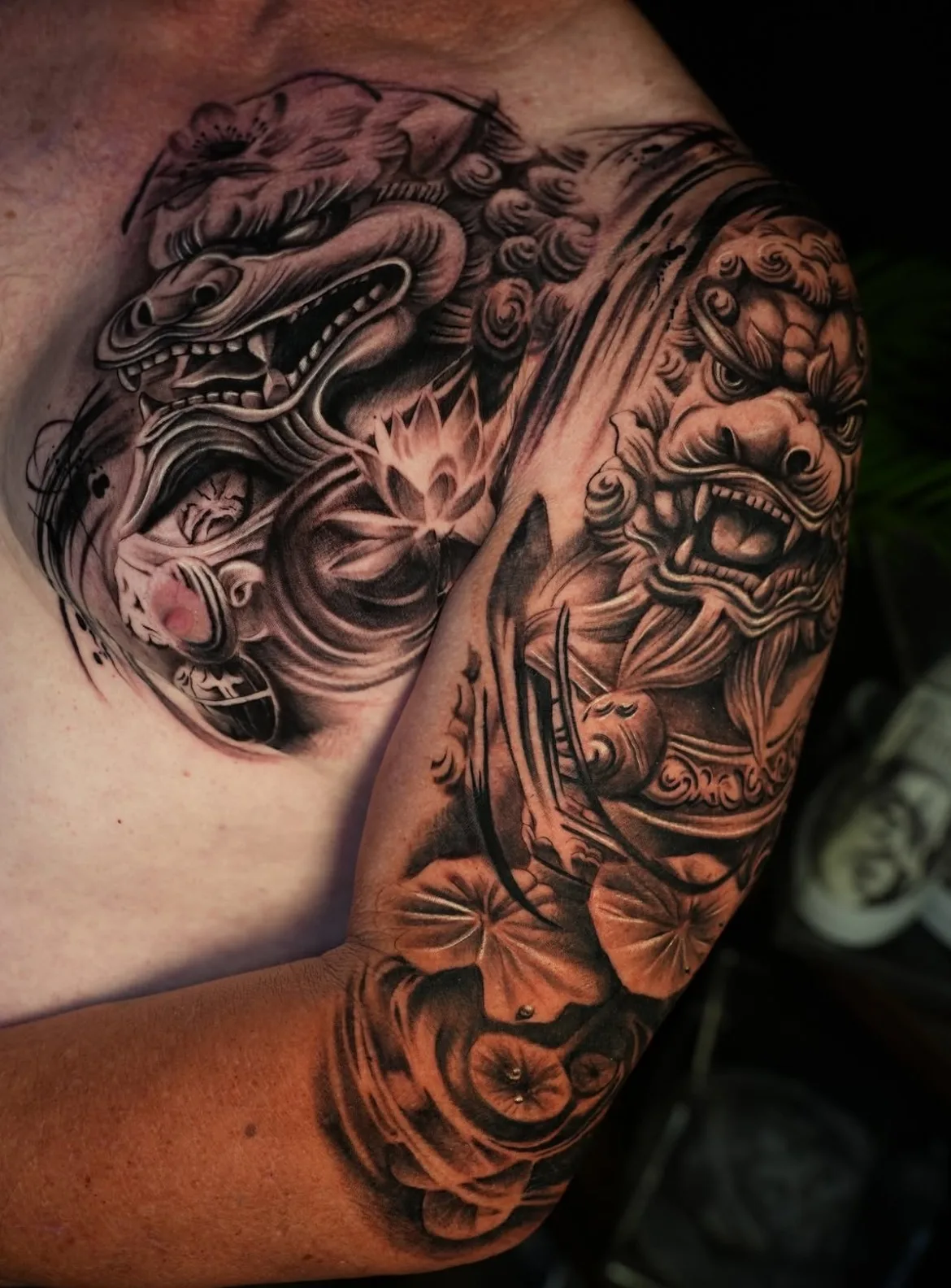 Large black and grey Asian-inspired custom tattoo by BillydaKid