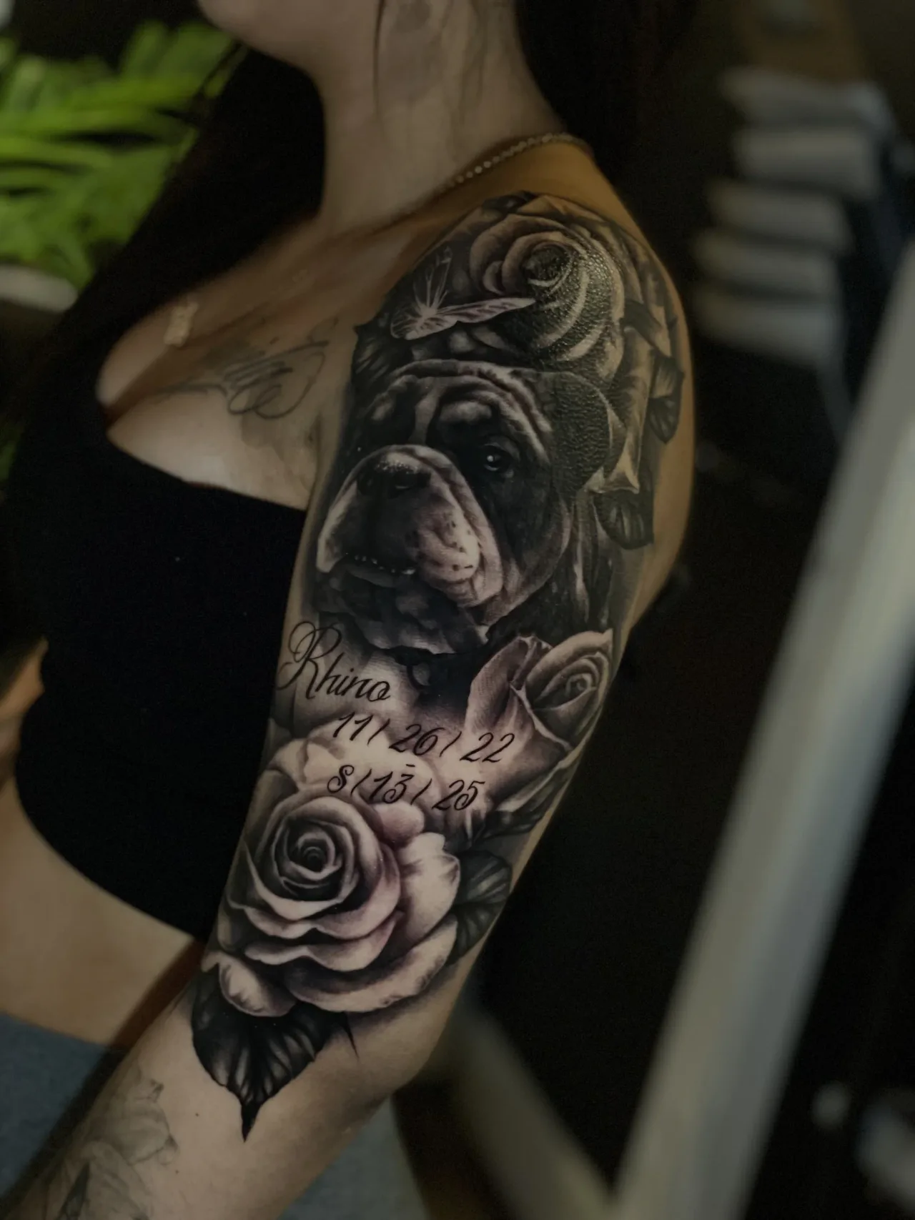 Black-and-grey bulldog memorial portrait.