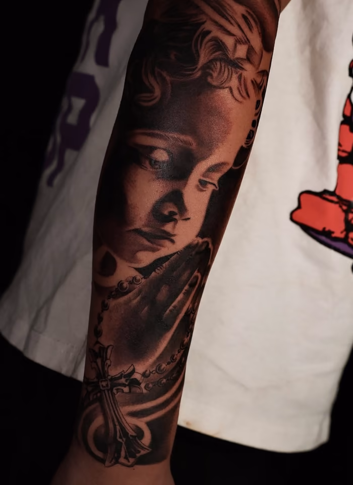 Praying woman and rosary sleeve tattoo by BillyDaKid