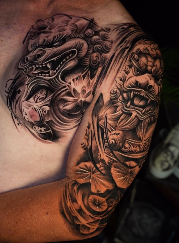 Asian guardian chest and sleeve tattoo by BillyDaKid
